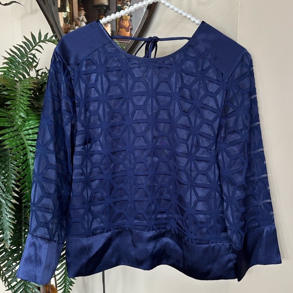 Brand New Armani Exchange Navy Blue Satin Top Geometric Blouse Tie Back - Picture 1 of 13